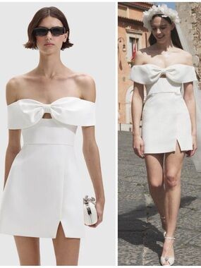 NWT Self-Portrait Bow Crepe Mini Short Dress White Women’s Size 2 Bridal Wedding